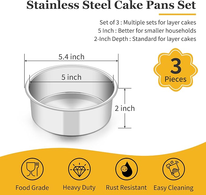 TeamFar 5 Inch Cake Pan Set of 3, Stainless Steel Small Layer Cake Baking Pans Tins, Round Bakeware for Birthday Wedding Party, Non-Toxic & Healthy, Mirror Finish & Dishwasher Safe