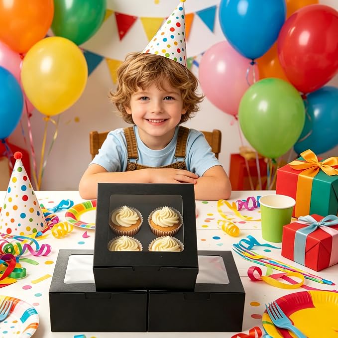 100 Pcs Cupcake Boxes, Cupcake Box Set, Black Pastry Boxes with Window and 4-Cup Inserts, 6x6x3 in Bakery Cartons for Cookies, Cakes, Muffins, Dessert Transport