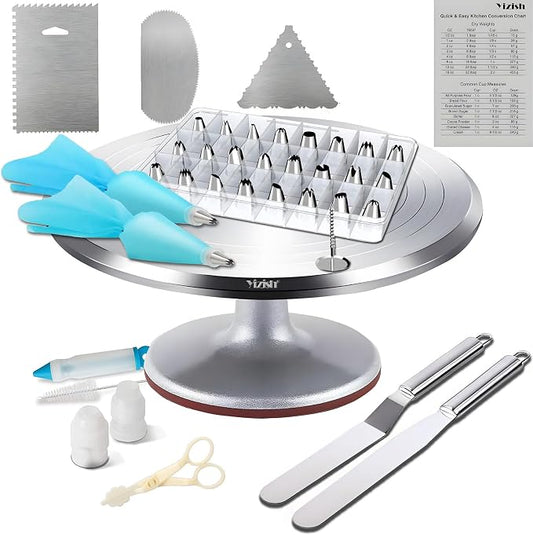 Yizish Cake Turntable Aluminum Alloy & Piping Bags and Tips Set, Rotating Cake Stand Decorating Kits with Stainless Steel Cake Spatulas and Scrapers for Baking, Pastries and Cupcakes, Gift Set