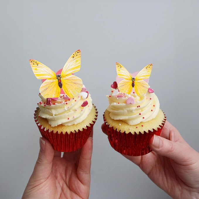 Gyufise 72Pcs Edible Cupcake Toppers - Wafer Paper Butterfly Cupcake Picks for Baby Shower & Kids Birthday Party Cake Supplies - Yellow