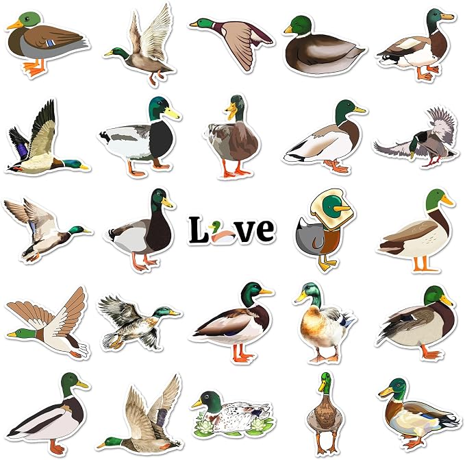 Duck Hunting Stickers, 50Pcs Wild Mallard Duck Decals Cute Waterfowl Bird Stickers for Water Bottle Laptop Skateboard Luggage Tumbler Scrapbook Gifts for Duck Lovers Teens Adults