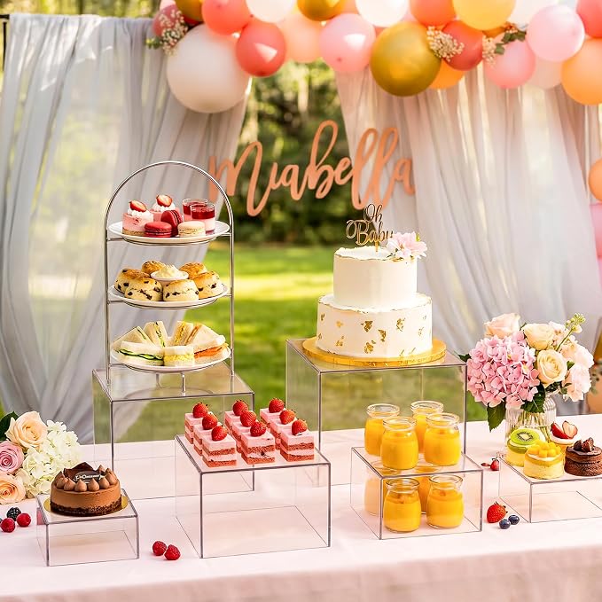 6 Pcs Acrylic Buffet Risers, Clear Stackable Food Display Stand, Nesting Cube Box with Hollow Bottom, Food Risers for Buffet Table Dessert Jewelry Catering(8'' 7'' 6'' 5'' 4'' 4'')