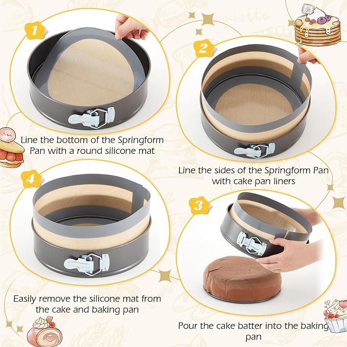 Honeydak 3 Set Silicone Baking Mat for 7, 8, 9 Inch Springform Pan Protector Nonstick Reusable Cake Pan Liners for Cheesecake Baking Prevent Sticking to Bottom & Side, Easy Release & Clean(Gray)