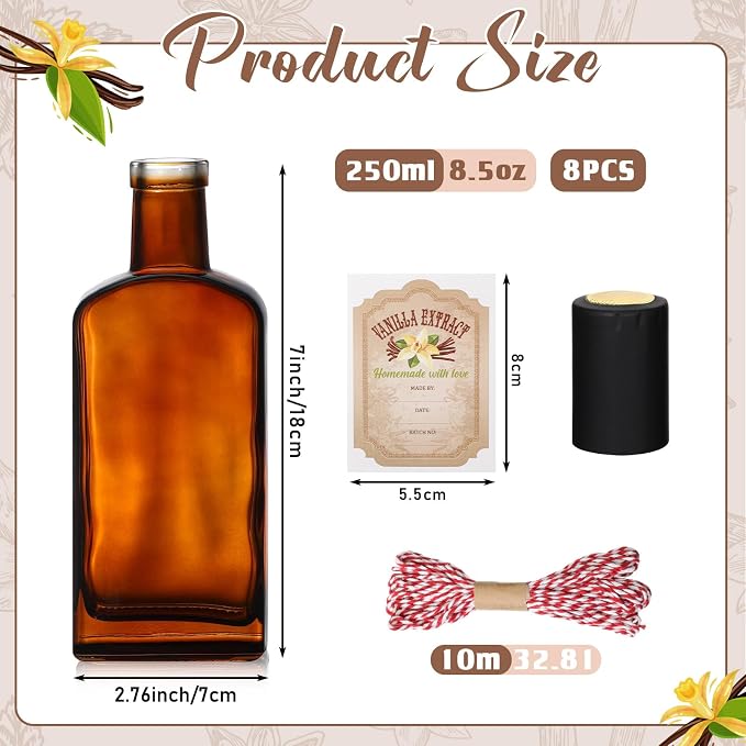 Suclain 8 Pack 8.5 oz Amber Glass Bottle for Vanilla Extract Homemade, Brown Vanilla Extract Bottles with Airtight Lid and Stickers for Syrup Gift Food Storage Canister Christmas Small Gift(Black)