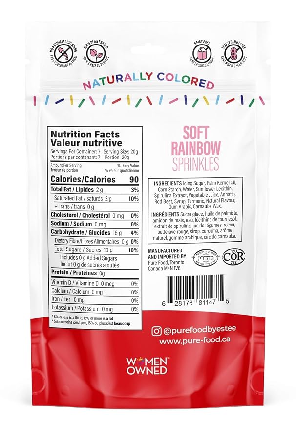 Pure Food By Estee Natural Soft Rainbow Color Sprinkles, 5oz | Vegan | Dye Free Rainbow Jimmies for Baking | Natural Colors | Soy Free, Gluten Free, Dairy Free, Nut Free