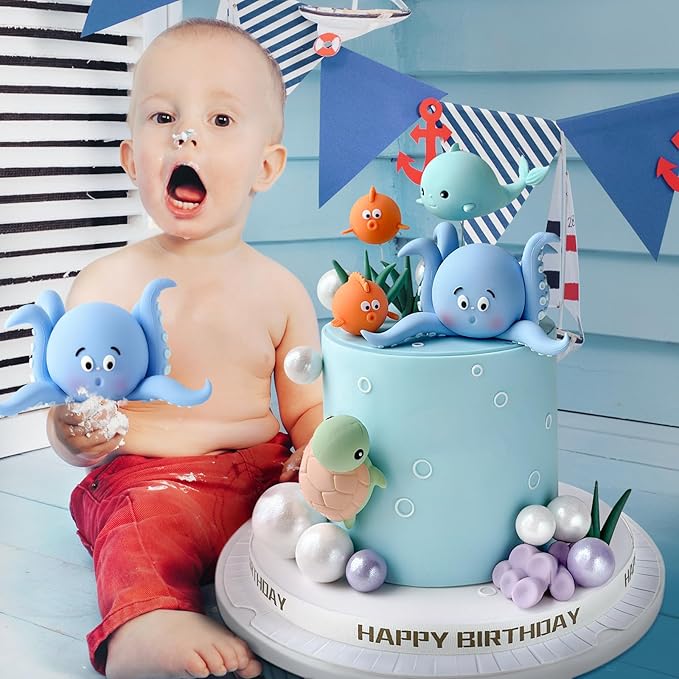17 PCS Under the Sea Cake Decorations Ocean Animals Cake Topper with Cake Balls Decorations for Under the Sea Theme Boys Girls Baby Shower Birthday Party Supplies
