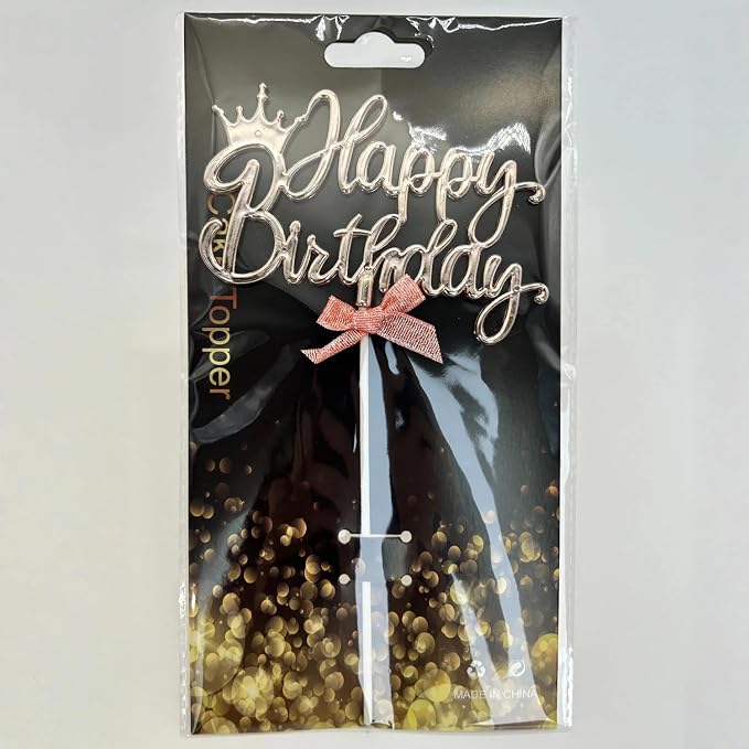Upgraded Happy Birthday Cake Topper with Crown & Bow (Champagne)