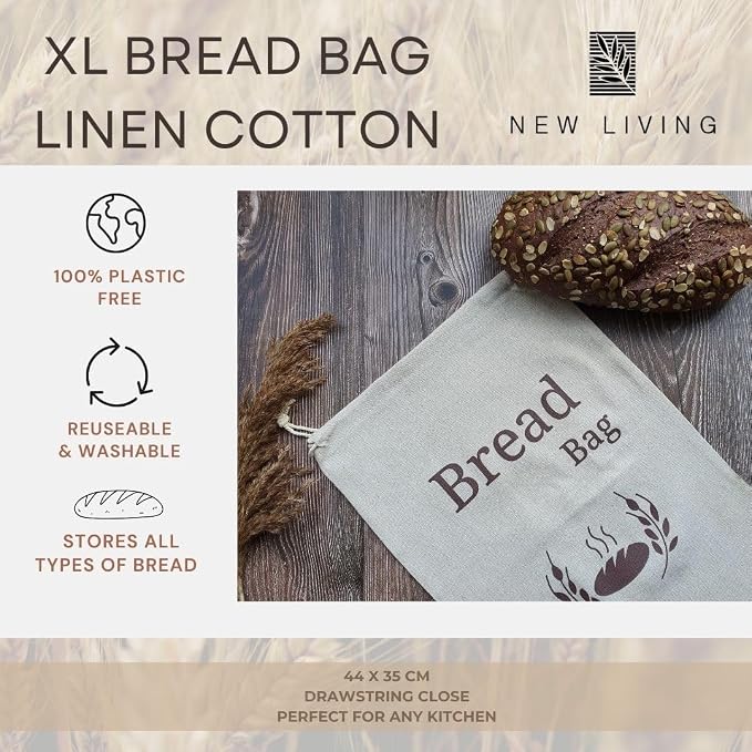 New Living 100% Organic Linen Bread Bag Extra Large | 1 x Reusable Bread Bags | Food Storage Bag | Bread Storage Bags | 44x35 cm | Eco Bread Bag
