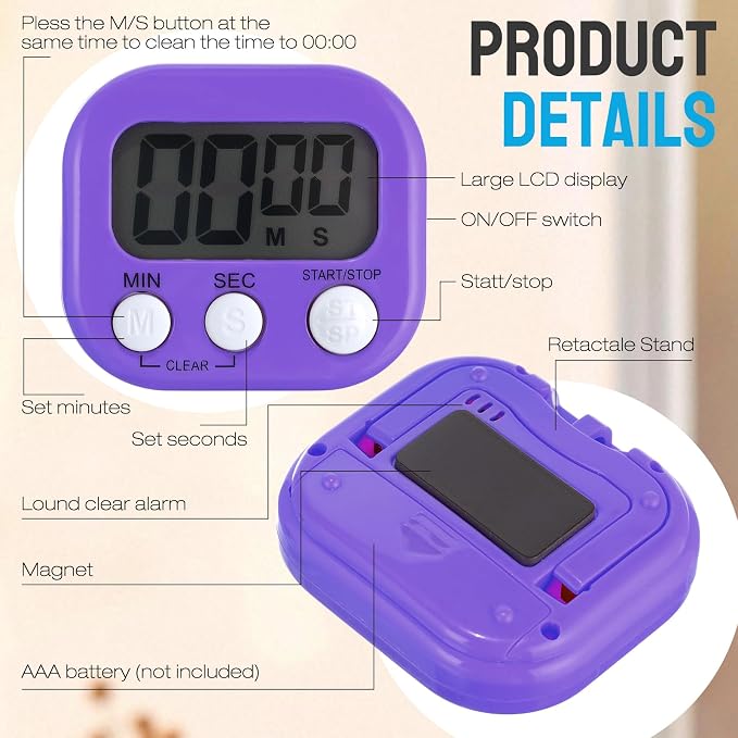 Leumoi 24 Packs Small Digital Kitchen Timer for Classroom with Lanyards Magnetic Back and Switch Minute Second Count up Countdown Big LCD Display Loud Alarm for Teacher Cooking Baking, Colorful