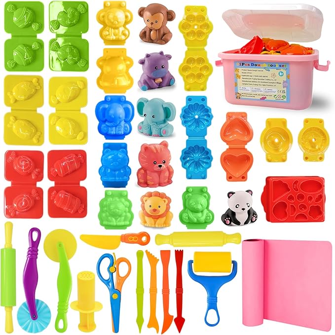 Playdough Tool Set, 31 Pcs Basic Play Dough Tools Kits for Kids, Dough Accessories Includes Pink Storage Container, Mat, 3D Animal, Cutters Roller, Rolling Pins, Safety Scissors