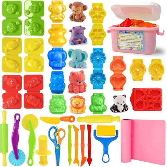 Playdough Tool Set, 31 Pcs Basic Play Dough Tools Kits for Kids, Dough Accessories Includes Pink Storage Container, Mat, 3D Animal, Cutters Roller, Rolling Pins, Safety Scissors