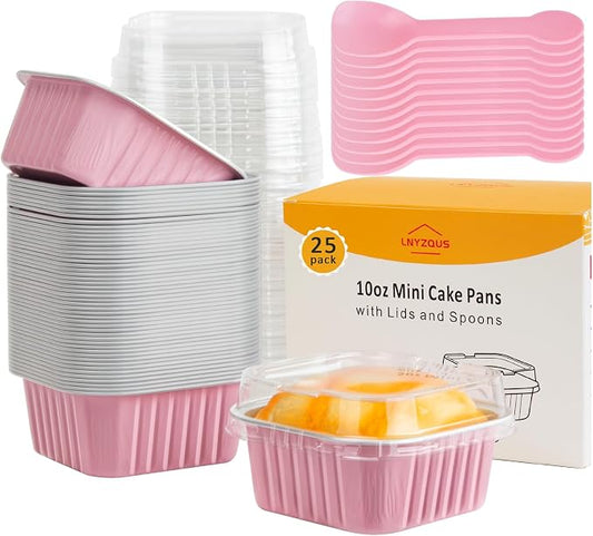 LNYZQUS Mini Cake Pans with Lids 25 Pack,10oz Small Baking Tins Foil Muffin Cups for Brownie, Individual 4” Bread Pan Disposable Cupcake Containers for Valentine Holiday Bake Sale-Pink