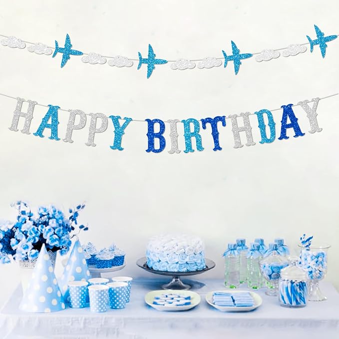 Zwiebeco Blue White Silver Happy Birthday Banner Sign Airplane Clouds Theme Hanging Paper Party Decorations for Babys Kids Boys Girls Children's Accessories Supplies