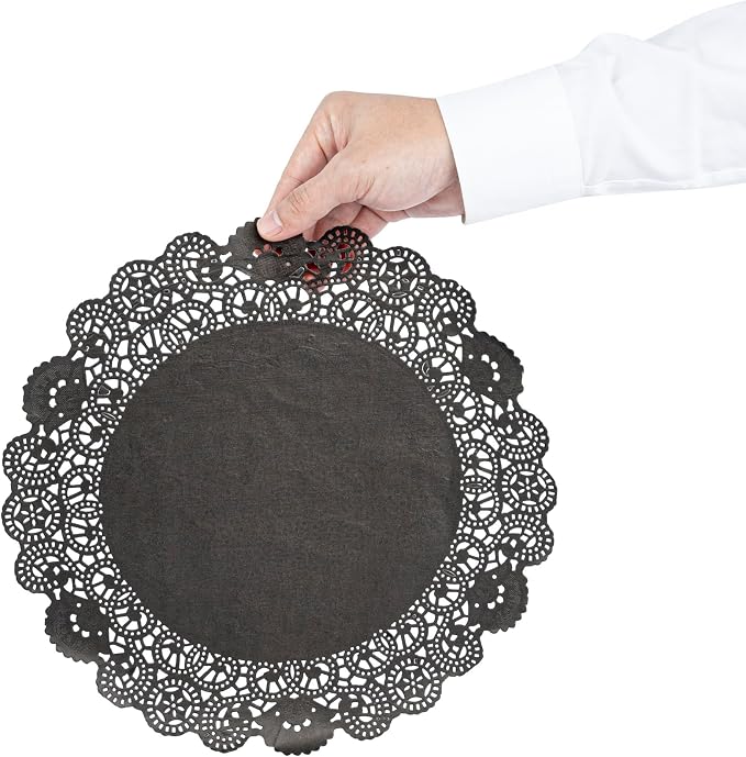 Restaurantware Pastry Tek 12 x 12 Inch Lace Doilies 100 Decorative Tableware Placemats - Disposable Round Black Paper Table Doilies For Birthdays Or Weddings Table Decor