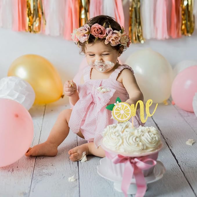 1 PCS Lemon 1st Birthday Cake Topper Glitter One Cake Pick Fruit Theme Lemonade Party First Birthday Decorations for Baby Shower Kids Boys Girls Party Supplies Gold