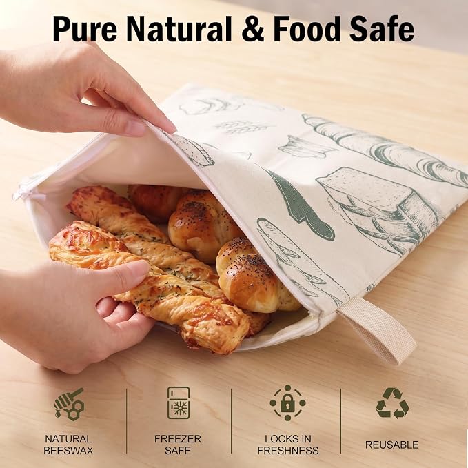 Reusable Beeswax Bread Bags for Homemade, 2 Pack 13" x 17" Bread Storage Bags with Natural Beeswax Lined,Cotton Linen Bread Bags for Sourdough,Large Capacity L-Shaped Zipper Bread Keeper（color-B）