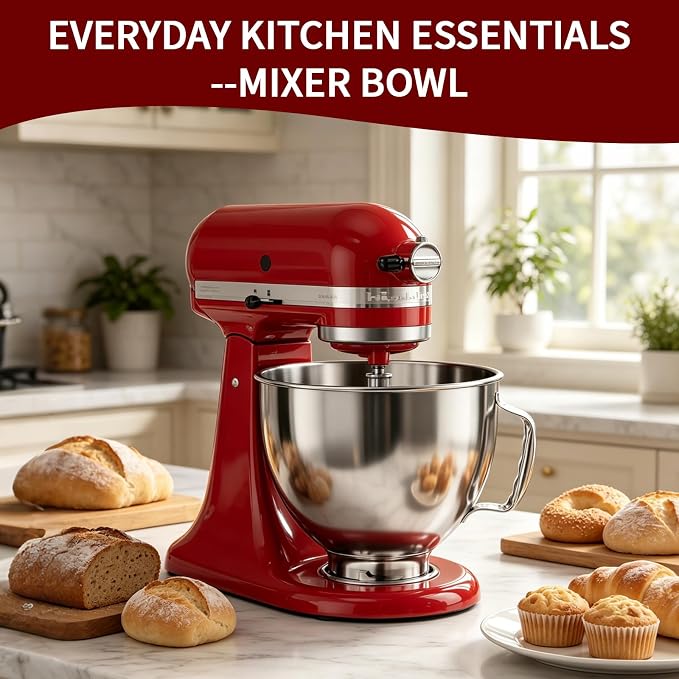 5QT Mixing Bowl for KitchenAid Stand Mixers, Compatible with Kitchen Aid 4.5-5 Qt Tilt-Head Stand Mixer, Food-Grade Stainless Steel Mixing Bowl with Handle & Clasp for Baking, Cooking & Dough Mixing