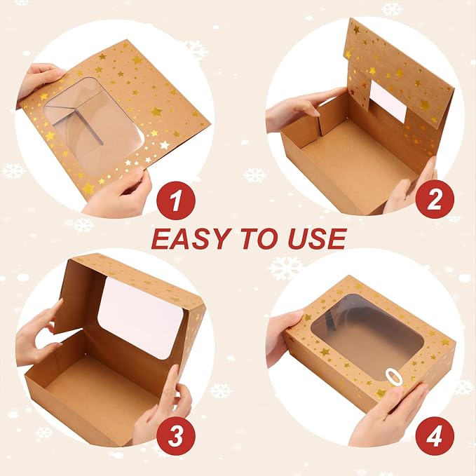 24 Pack Christmas Cookie Boxes,Gold Star Bakery Boxes with Window (9x6x3 Inch),Sturdy Pastry Boxes for Baked Goods,Treat Box for Holiday Gift Exchange, Cookie Tins with Lids for Gift Giving