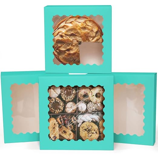qiqee Mint Blue Pastry Box With Window 8x8x2.5 inch Donut Pie Boxes 30pcs Bakery Box Auto-pop up
