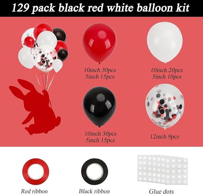 RUBFAC 129pcs Red Black White Balloons Garland Arch Kit, Red and Black White Balloons Arch for Shower Birthday 2025 Graduation Class Decorations Racing Car Poker Card Anniversary Supplies