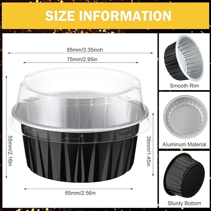 200 Pack Aluminum Foil Cupcake Liners with Lids, 5 oz Round Baking Cup, Disposable Ramekin Container for Graduation Wedding Independence Day Party(Black,Plain)