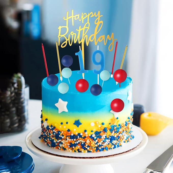 Yerliker 34 Pcs Happy Birthday Cake Toppers Decorations Birthday Candles DIY Cake Decor for Men Women Wedding Anniversary(Blue Red)