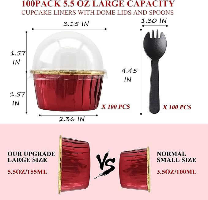 Cupcake Liners with Dome Lids 100 Pack,LNYZQUS 5.5Oz Foil Baking Cups Muffin Tin,Large Cupcake Wrappers Souffle Pudding Ramekin Holders for Christmas Wedding Birthday Party,with Spoons-Red in Gold