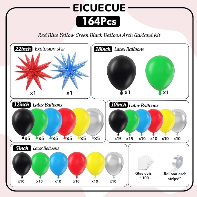 Red Blue Yellow Green Black Balloons Garland Arch Kit - 5 10 12 18 inch Different Size Balloons for Carnival Birthday Anniversary Video Game Super Spider Hero Theme Party Decorations Supplies