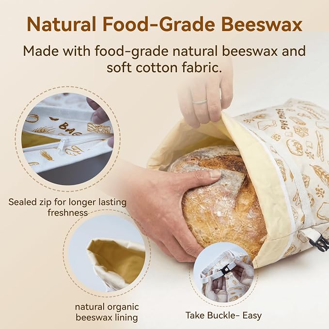 Bread Bag for Homemade Bread - 2 Packs XL Reusable Organic Beeswax Natural Cotton Sourdough Bag, Homesteading Essentials Sourdough Bags with Sealing Zip to Keep Fresh(13×17 Inches)