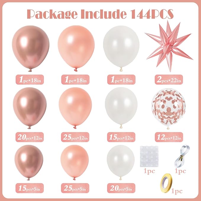 Rose Gold Balloon Arch Kit Garland, Rose Gold Birthday Decorations for Women Girls Birthday Baby Shower Bridal Shower Bachelorette Wedding Party Decorations