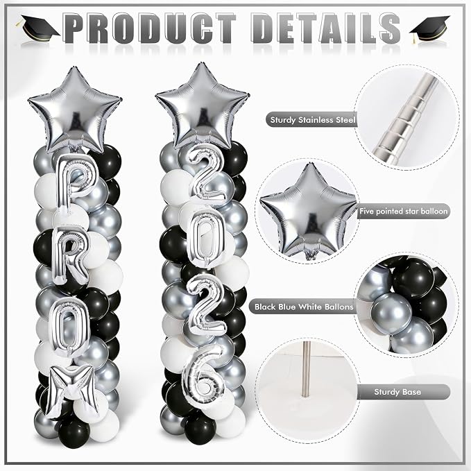 2 Sets Graduation Balloon Column Stand Kits with 132 PCS Silver Black White Latex Balloons 2026 Letters 6.5 Ft Adjustable Metal Tube Telescopic Tower Pillar with Base for Graduation Party Decoration