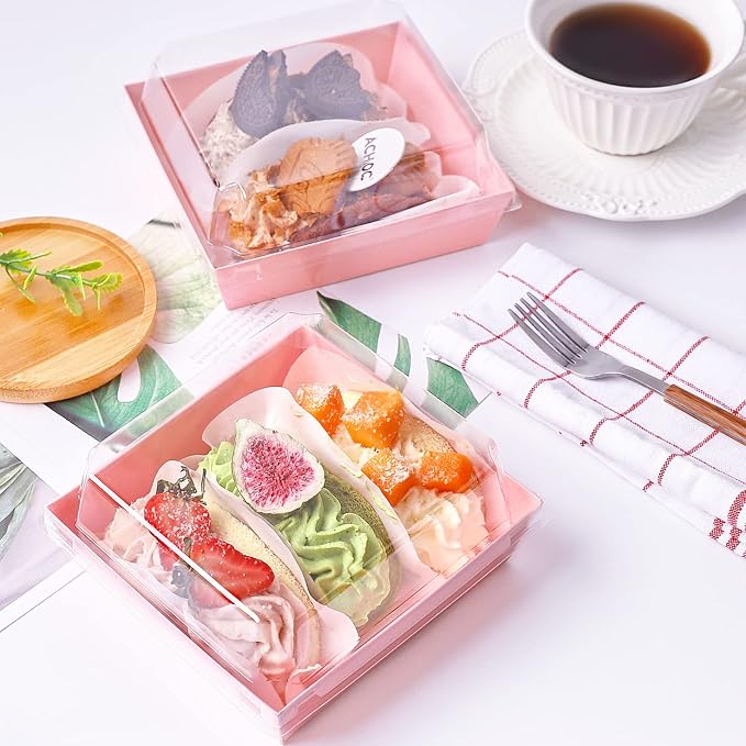 Ocmoiy Charcuterie Boxes with Clear Lids, 5 Inches, 100 Pack, Pink | To Go Paper Food Containers, Disposable Bakery Dessert Boxes, For Sandwich, Cookie, Pastry, Cake Slice