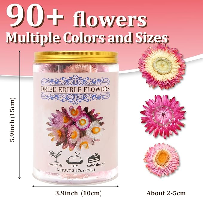 90+ Food Grade Pink Flowers for Cake and Cocktails Decorating – Culinary-Grade Dried Pink & White Strawflowers for Garnish, Baking, and Drink Toppers