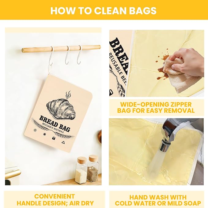 2 Pack Wide Zipper Access Beeswax Bread Bags for Sourdough Bread, Reusable Organic Linen Beeswax Bread Bag for Homemade Sourdough for Homemade Bag to Keep Fresh Longer, Kitchen Storage (Beige)