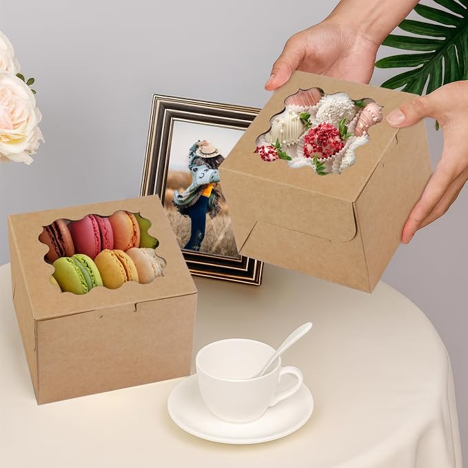 WINKIO 12 Pieces Cookie Boxes with Window, Treat Boxes for Bakery Dessert Pastry Mini Cake Favor Donut Baked Goods (with Stickers) (brown, 6×6×5 inches)