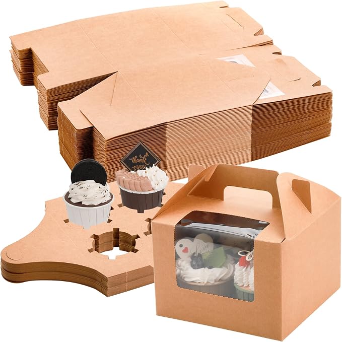Jucoan 40 Pack Kraft Gable Bakery Treat Boxes with 4-Count Cupcake Insert, Clear Window & Handle, Rustic Paper Gift Box Lunch Togo Boxes for Muffins, Cupcakes, Cookies, Birthday Wedding Party Favors