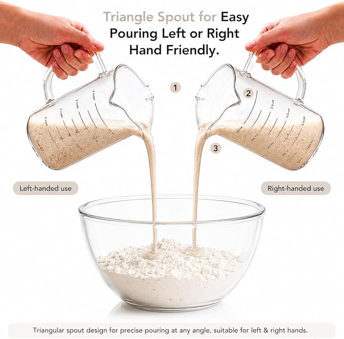 GENICOOK Sourdough Starter Jar Glass with Triple Spouts, 2 Pack Borosilicate Fermentation Measuring Cups (16.9oz & 33.8oz), Glass Containers for Dough Mixing, Starter Feeding & Baking, Microwave