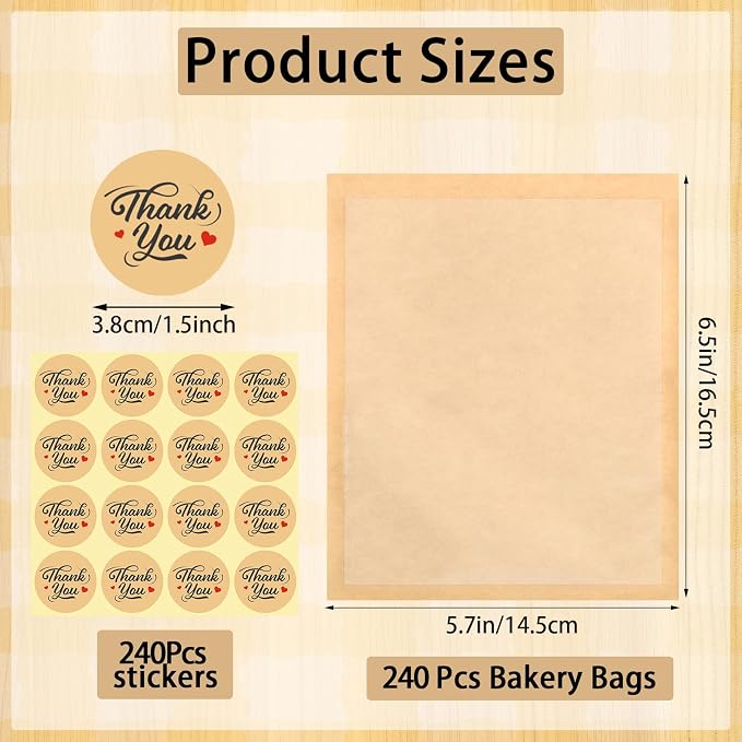 240 Pack Cookie Bags with Seal, 5.7x6.5 Inch Self Sealing Kraft Bakery Bags with Window, Heat Sealable & Grease Resistant To Go Sleeves for Donuts Treat Scone Brownie Waffle Bake Sales