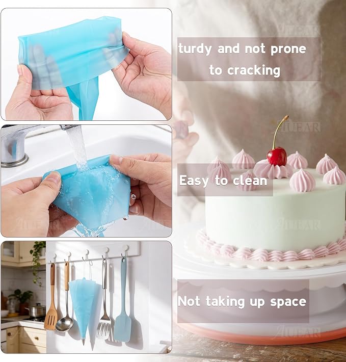 AUEAR, Cake Decorating Sugar Cookie Piping Tips 5 Writing Tube 1 Coupler 1 Silicone Pastry Bag (7 Pack)