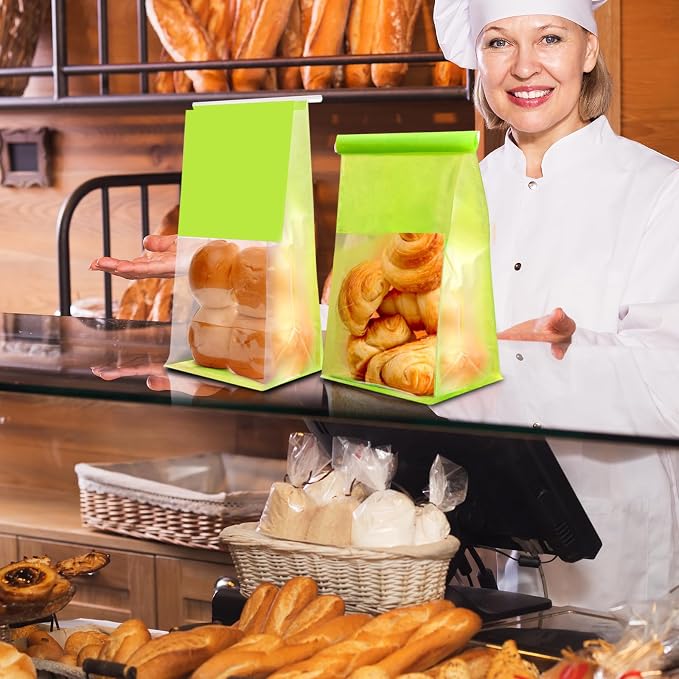 50-Pack Reusable Bakery Bags - Windowed Kraft Paper Bags with Seal & Tin Tie Tab Lock - Upright Cookie, Bread & Pastry Packaging (Green)