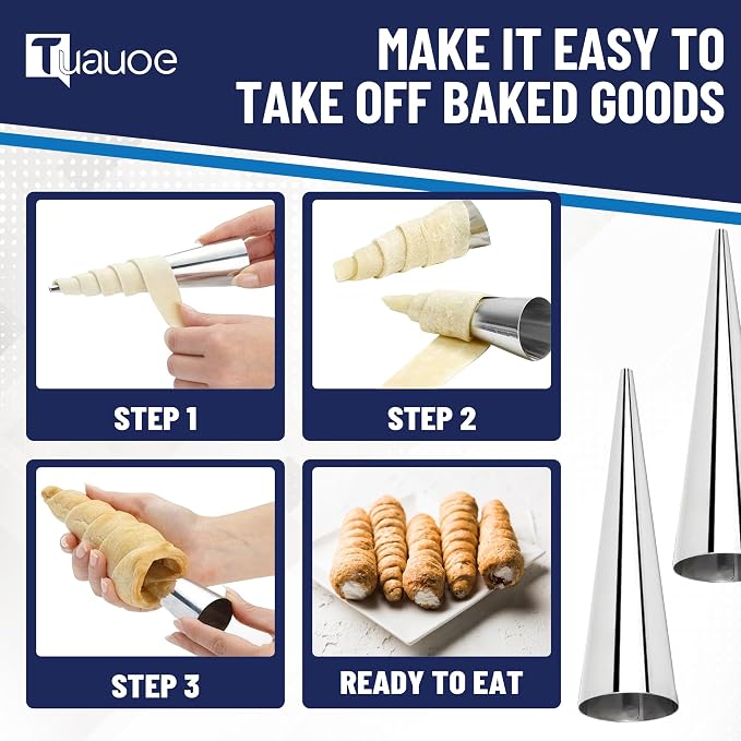 Cream Horn Molds for Baking, 27pcs Horn Forms Set, Non-stick Stainless Steel 20pcs Cone Shaped with Cleaning Brush, Piping Tip, Piping Bag, for ice Cream Cones, Puff Pastry, Baking Cones