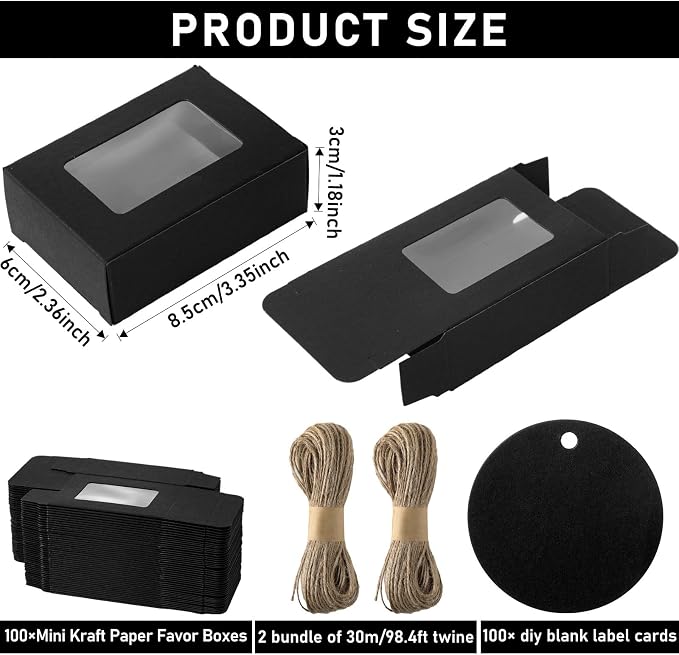 Zhanmai 100 Set Black Small Soap Boxes for Homemade Soap, 3.35 x 2.36 x 1.2 Inch Paper Packaging Boxes with Window, with 100 Tag and Twine, Gift Wrapping Supplies for Bakery Candy Cookies Party Favors