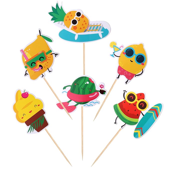 36 PCS Tropical Beach Luau Cupcake Toppers Fruit Watermelon Pineapple Ice Cream Lemon Cupcake Picks for Summer Hawaiian Luau Tropical Aloha Beach Theme Birthday Party Cake Decorations Supplies