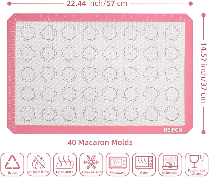 Macaron Silicone Baking Mats,22.44"Lx14.57"W,Pastry Mats Rolling Dough,Non-Stick,40 Macaron Molds,Cookie Sheet Liners,Reusable Baking Mat (1, Pink)