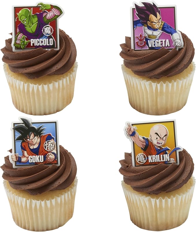 24 Dragon Ball Z Cupcake Rings | DecoPac Cupcake Toppers Featuring Goku, Vegeta, Krillin, Piccolo | Food Safe Square Decorations - 24 Pack
