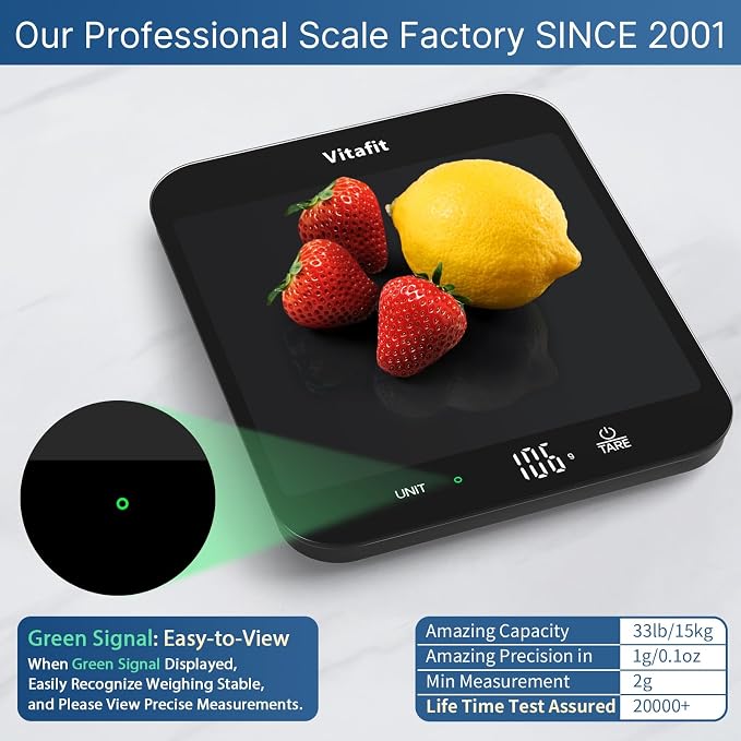 Vitafit 33lb Food Scale, High Accuracy 0.1oz by Our Professional Scale Factory Since 2001, Digital Kitchen Scales Weight Grams and Ounces for Cooking & Baking, 8.5x7.1in Platform, 3 AAA Battery, Black