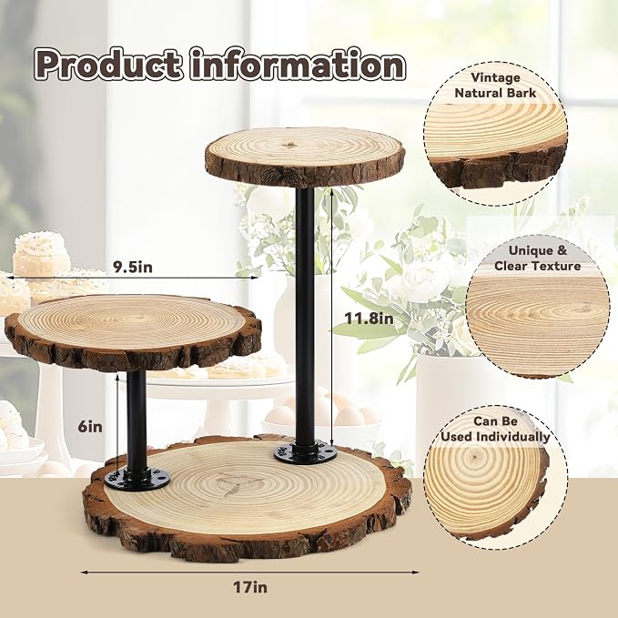 Chunful 3 Tier Round Natural Wood Cupcake Dessert Stand, Cup Cake Tower Stand Holder, Wooden Cake Display Tiered Centerpiece for Party, Birthday, Wedding, Baby Shower, Holiday Decoration