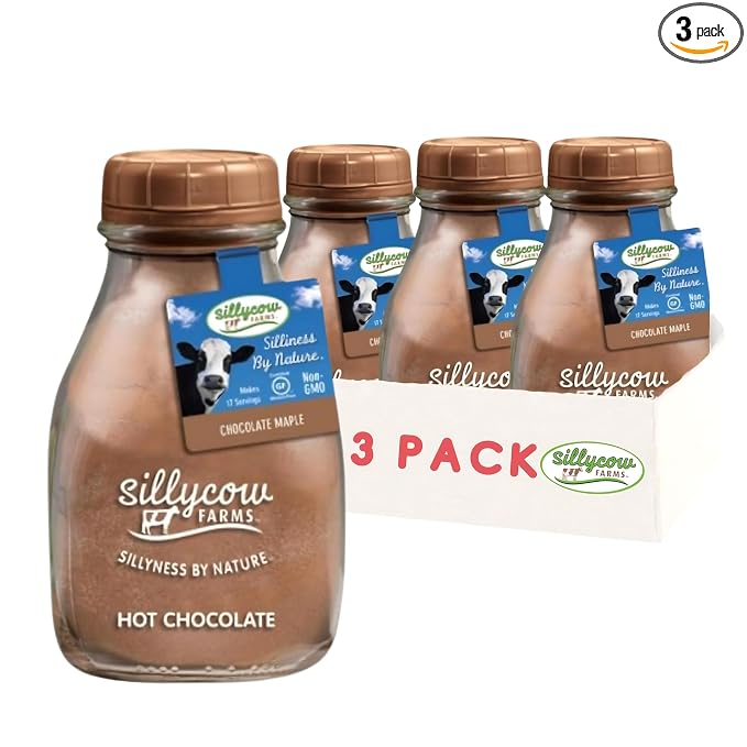 Sillycow Farms Maple Hot Chocolate Mix | Rich Chocolate Delight | Gluten-Free, Non-GMO| Dairy-Free Indulgence with Pure Cocoa Powder & Maple Flavor | Reusable 16.9 oz Glass Bottle (Pack of 3)