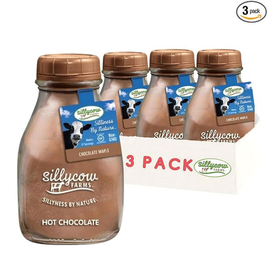 Sillycow Farms Maple Hot Chocolate Mix | Rich Chocolate Delight | Gluten-Free, Non-GMO| Dairy-Free Indulgence with Pure Cocoa Powder & Maple Flavor | Reusable 16.9 oz Glass Bottle (Pack of 3)