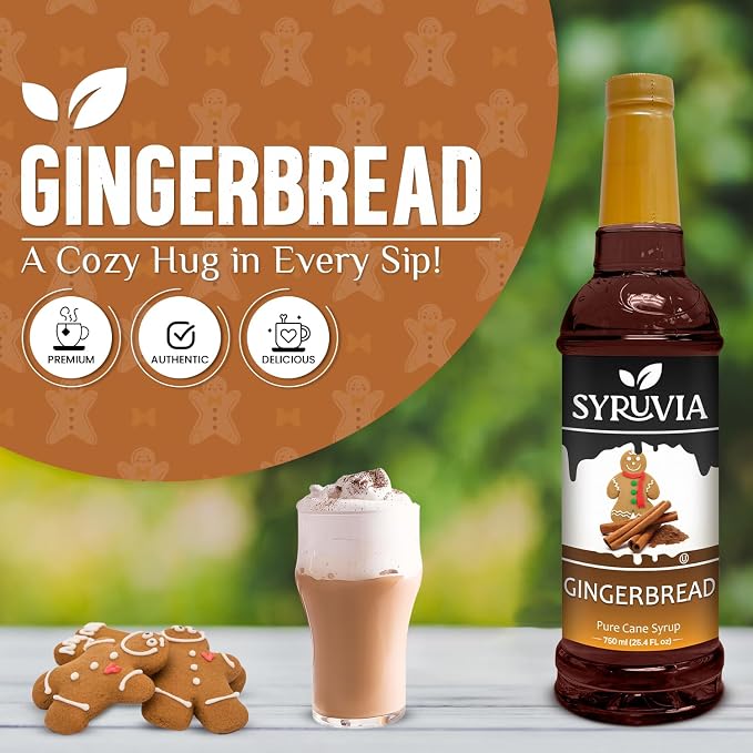 Syruvia Coffee Syrup, Gingerbread Flavored Syrup for Drinks, Lattes, and Desserts – 25.4 fl oz - with Pump